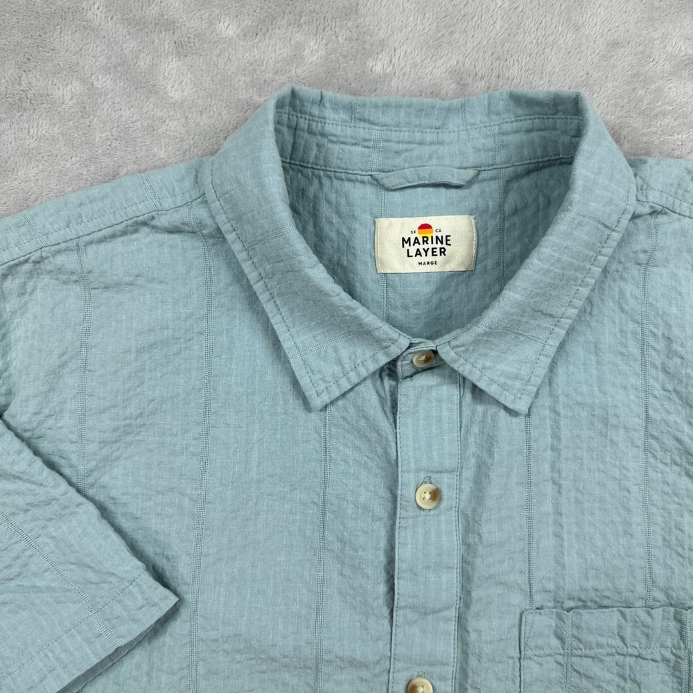 Marine Layer Shirt Mens Large Marge Sage Green Short Sleeve Cotton Kapok Striped